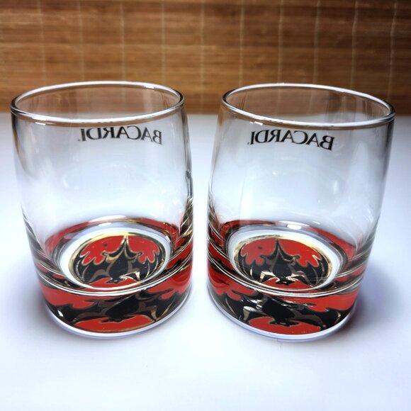 Bacardi Rum Cocktail Glass Bat Logo Lot of 2 Weighted lo-ball Collectable 10oz - Picture 6 of 8